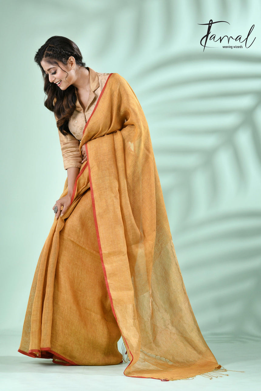 Yellow with red border zari linen handloom saree - Tamal Boutique