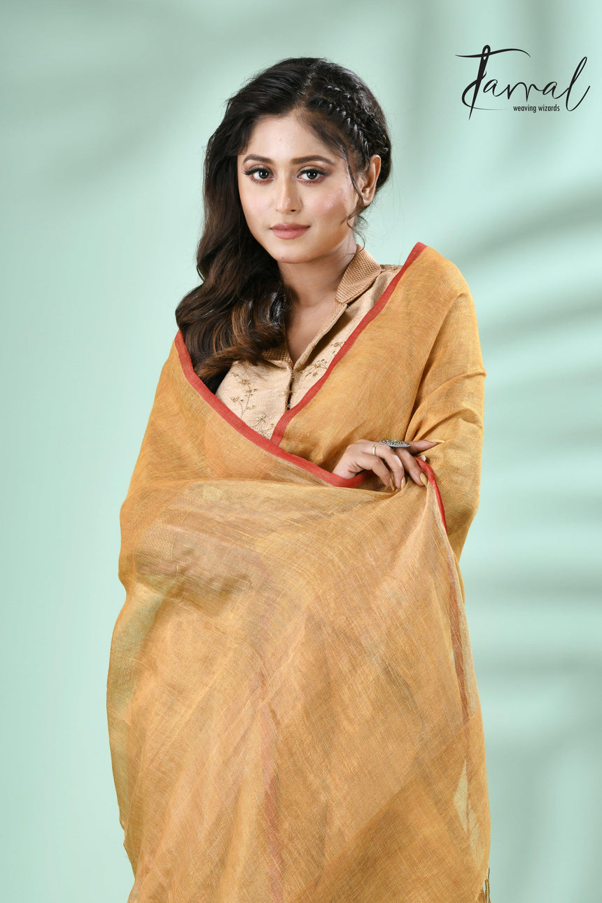 Yellow with red border zari linen handloom saree - Tamal Boutique