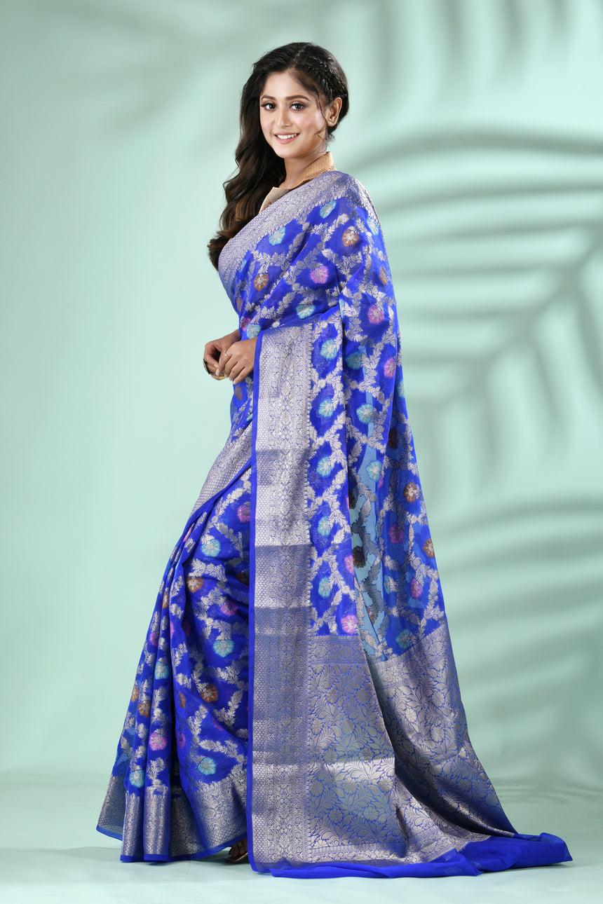 Royal Blue Banarasi Silk Saree with Antique Silver Zari Jal Weave