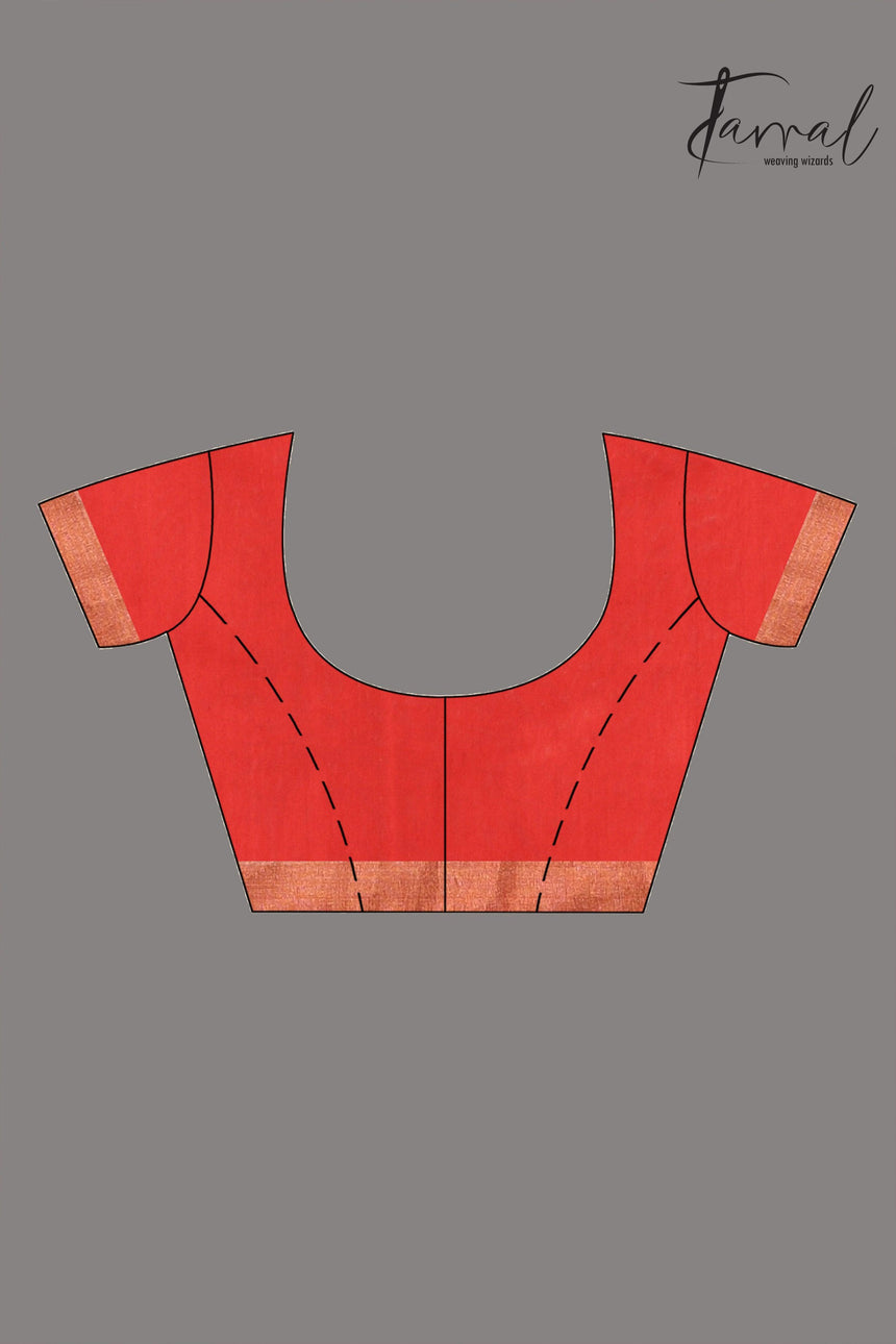 Red with zari border silk linen thoka floral pallu handwoven jamdani saree - Tamal Boutique