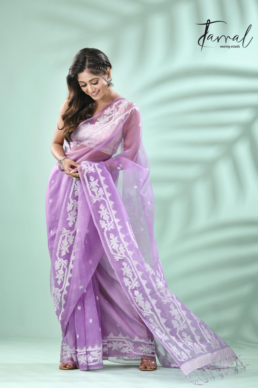 Lavender colour traditional handwoven muslin silk jamdani saree - Tamal Boutique