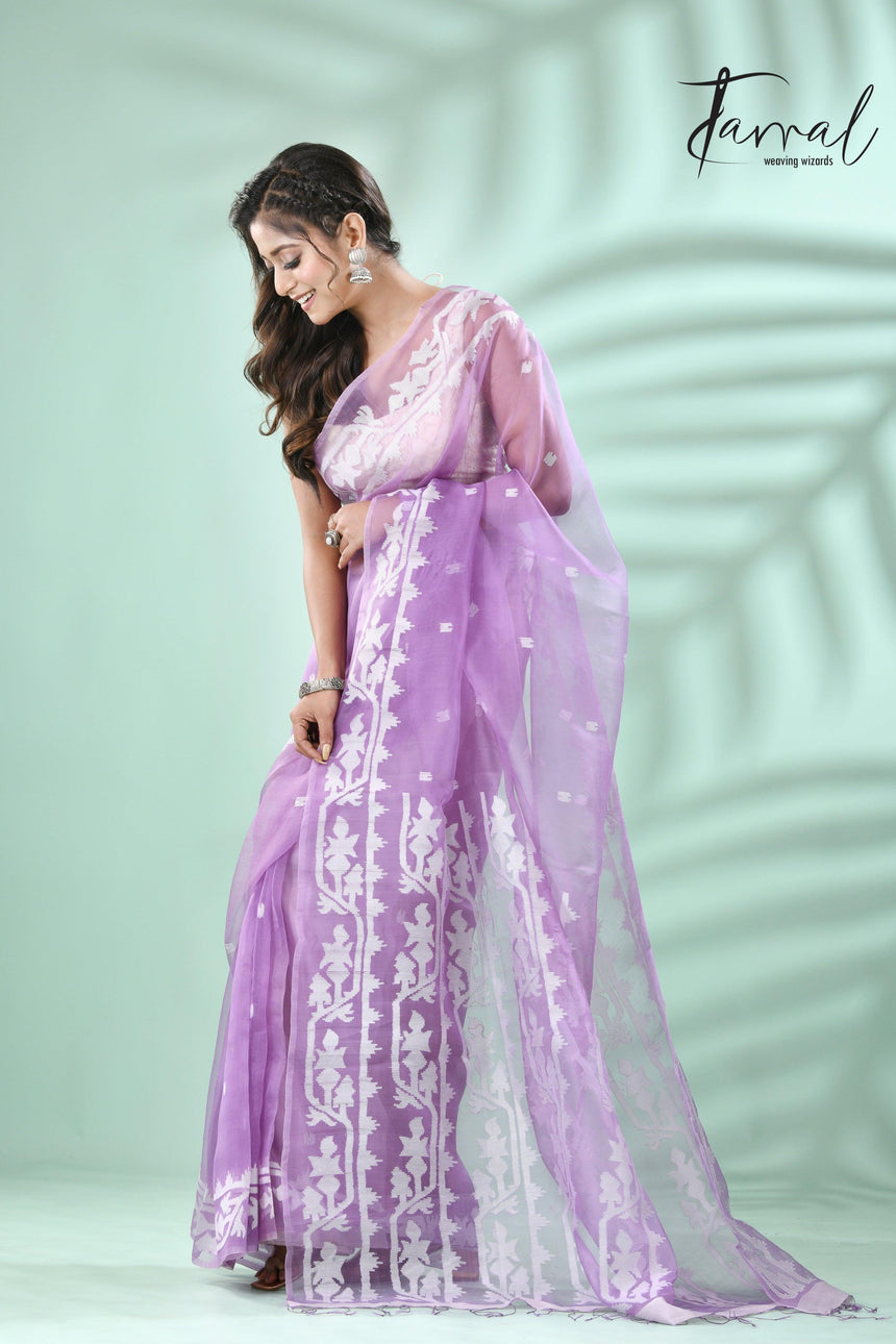 Lavender colour traditional handwoven muslin silk jamdani saree - Tamal Boutique