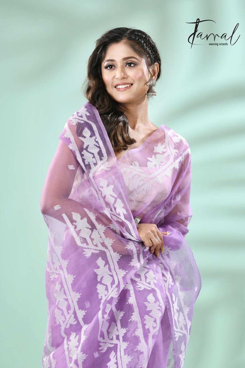 Lavender colour traditional handwoven muslin silk jamdani saree - Tamal Boutique