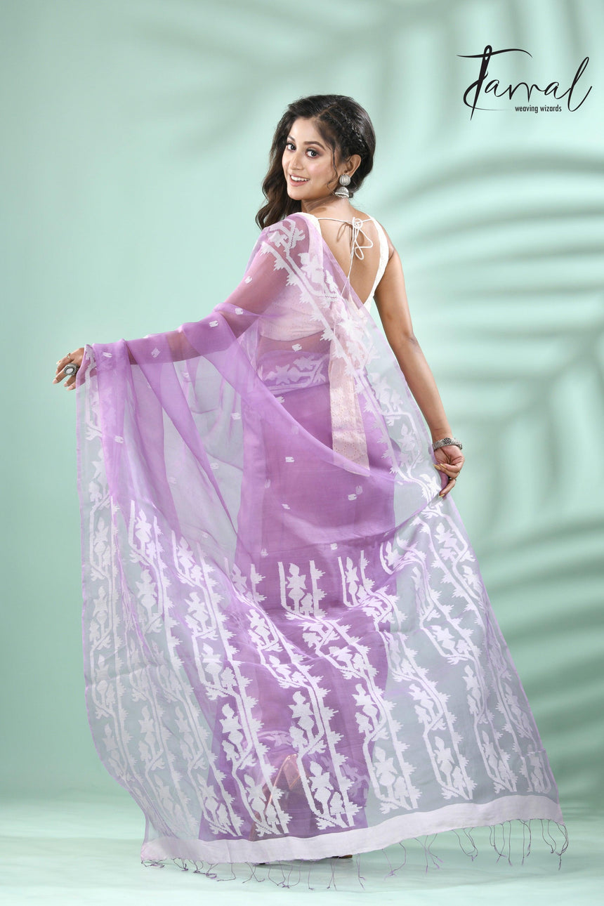 Lavender colour traditional handwoven muslin silk jamdani saree - Tamal Boutique