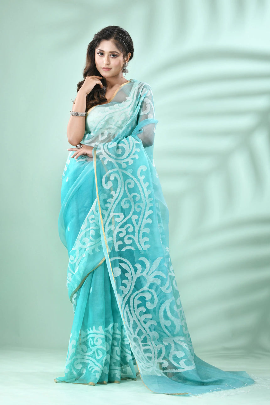 Sea green with zari border klaka motifs muslin silk handwoven jamdani saree - Tamal Boutique