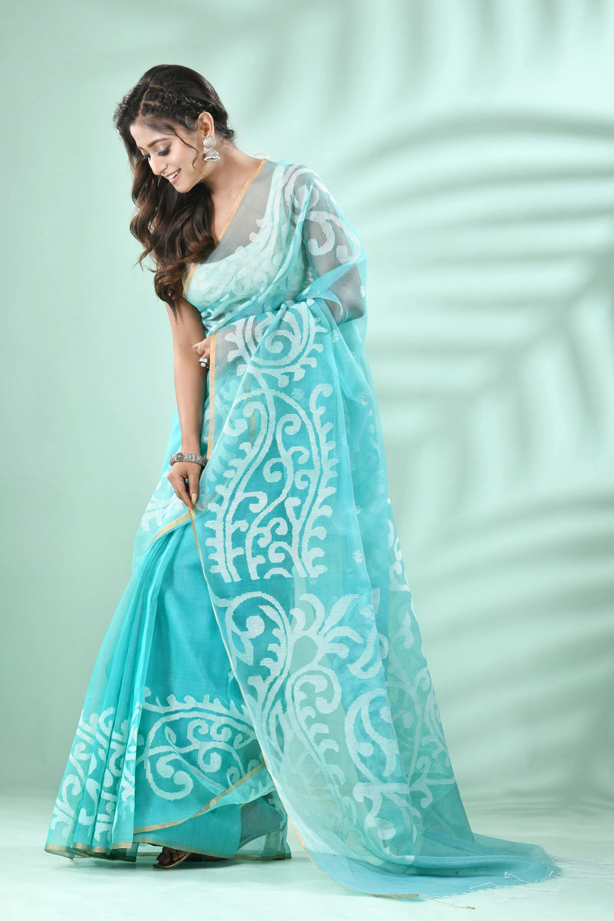 Sea green with zari border klaka motifs muslin silk handwoven jamdani saree - Tamal Boutique