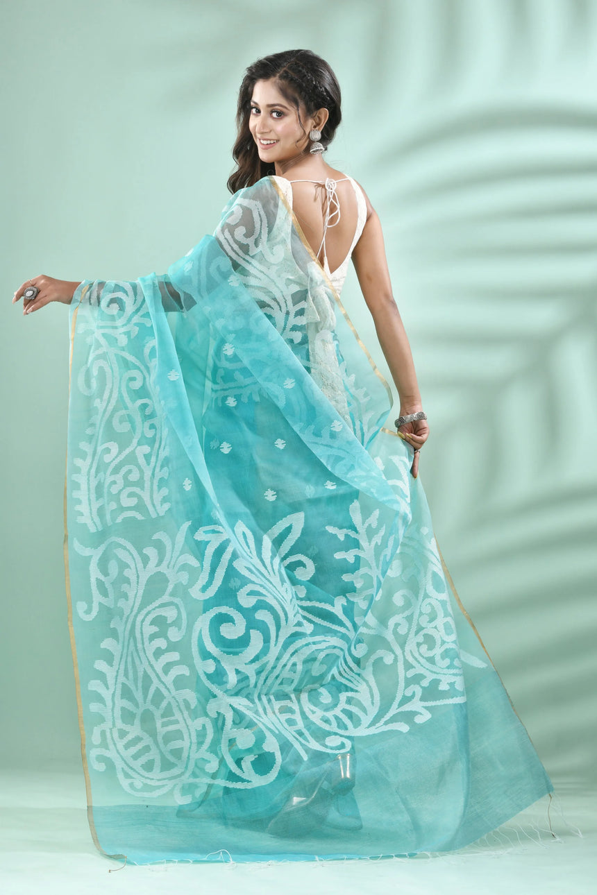 Sea green with zari border klaka motifs muslin silk handwoven jamdani saree - Tamal Boutique