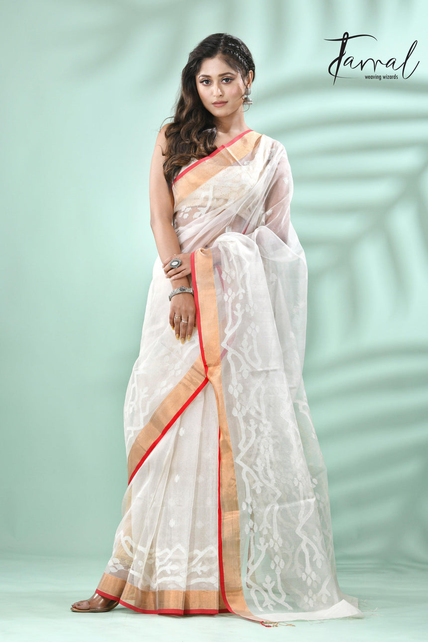 Offwhite with zari border contemporary handwoven muslin silk dhakai jamdani saree - Tamal Boutique