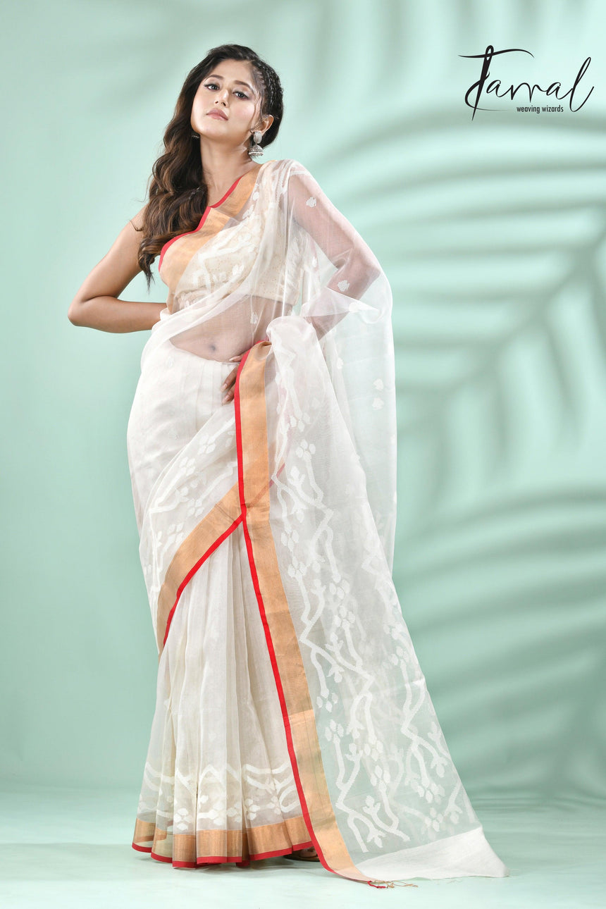 Offwhite with zari border contemporary handwoven muslin silk dhakai jamdani saree - Tamal Boutique