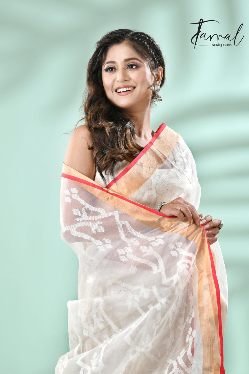 Offwhite with zari border contemporary handwoven muslin silk dhakai jamdani saree - Tamal Boutique