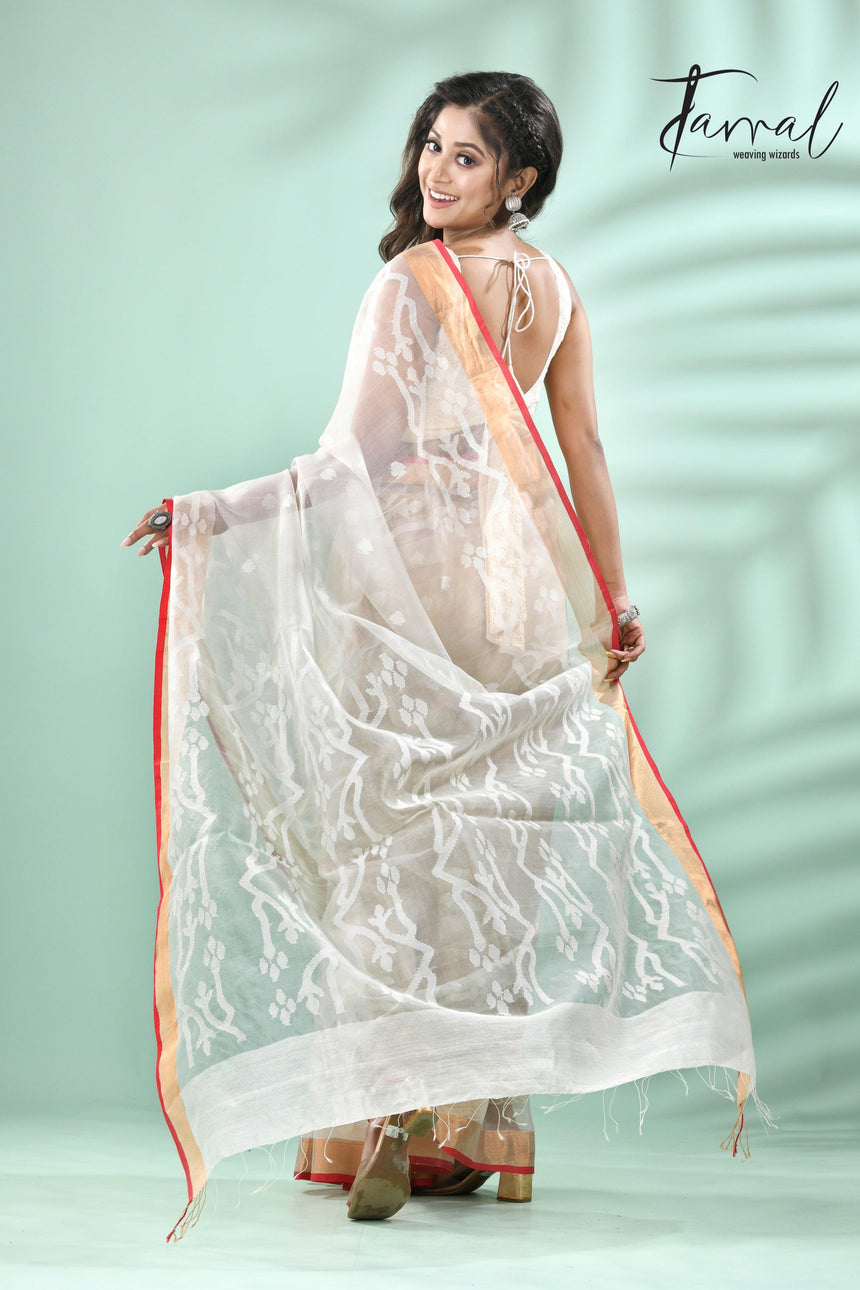 Offwhite with zari border contemporary handwoven muslin silk dhakai jamdani saree - Tamal Boutique