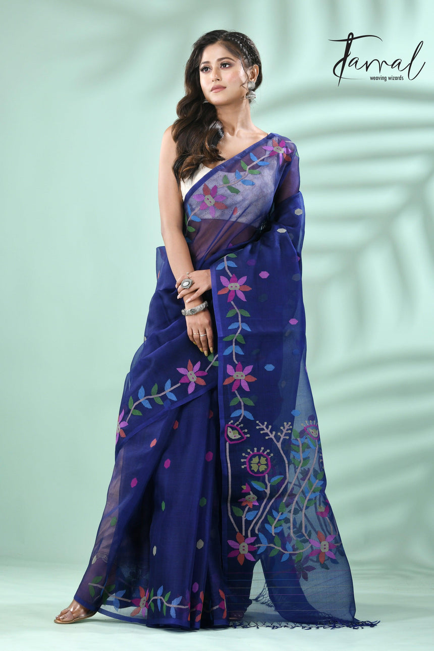 Indigo with multicolour floral motifs muslin silk handwoven jamdani saree - Tamal Boutique