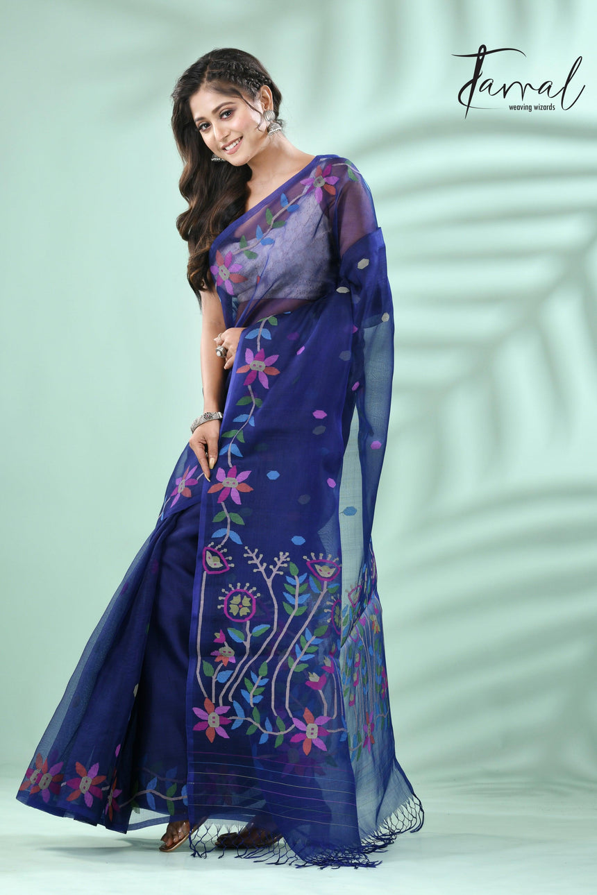 Indigo with multicolour floral motifs muslin silk handwoven jamdani saree - Tamal Boutique