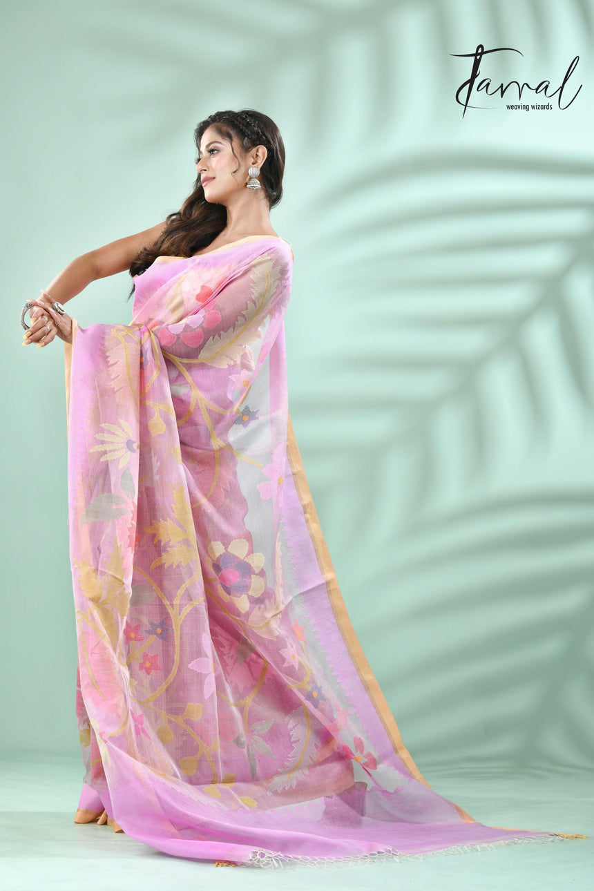 Lilac with multi colour allover floral muslin silk handwoven jamdani saree - Tamal Boutique