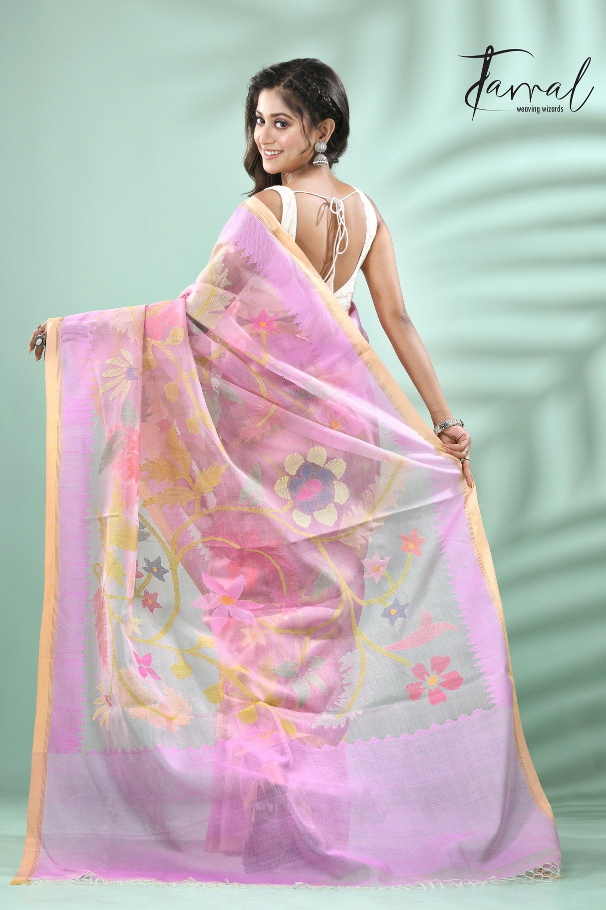 Lilac with multi colour allover floral muslin silk handwoven jamdani saree - Tamal Boutique
