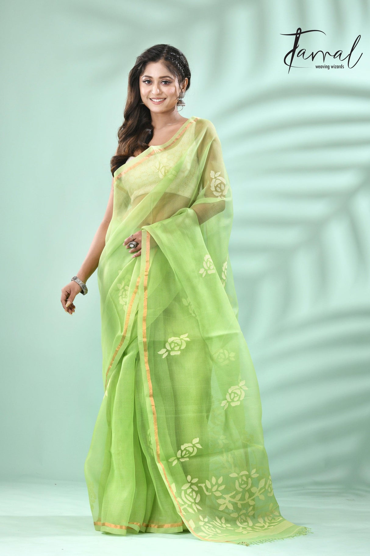 Parrot Green rose motifs muslin silk handwoven jamdani saree - Tamal Boutique