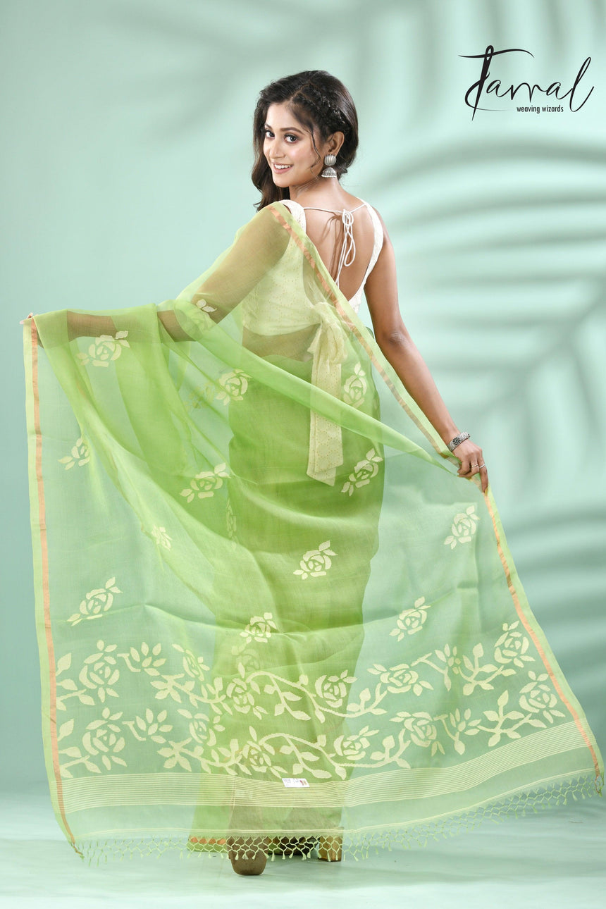 Parrot Green rose motifs muslin silk handwoven jamdani saree - Tamal Boutique