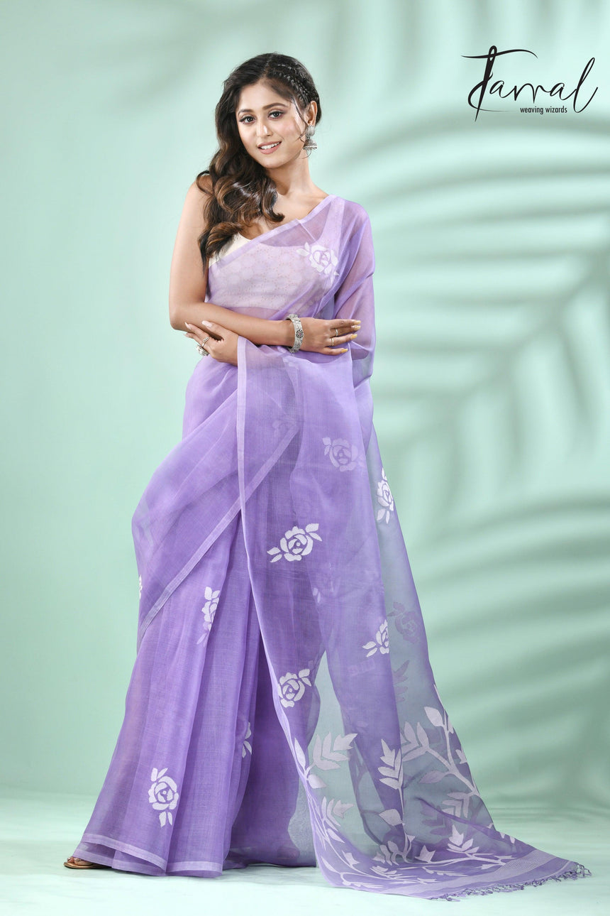 Lavender self rose motifs handwoven muslin silk jamdani saree - Tamal Boutique