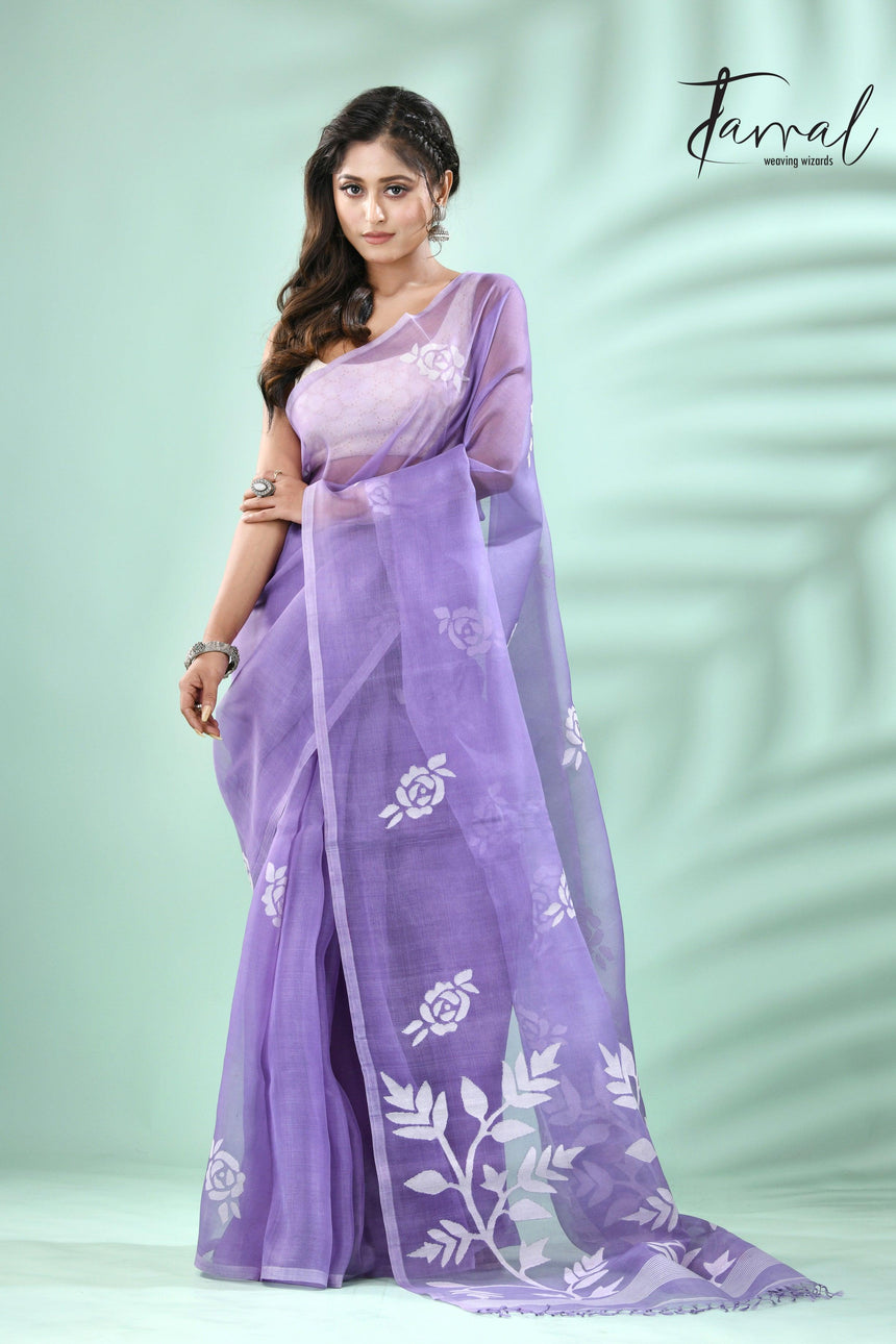 Lavender self rose motifs handwoven muslin silk jamdani saree - Tamal Boutique