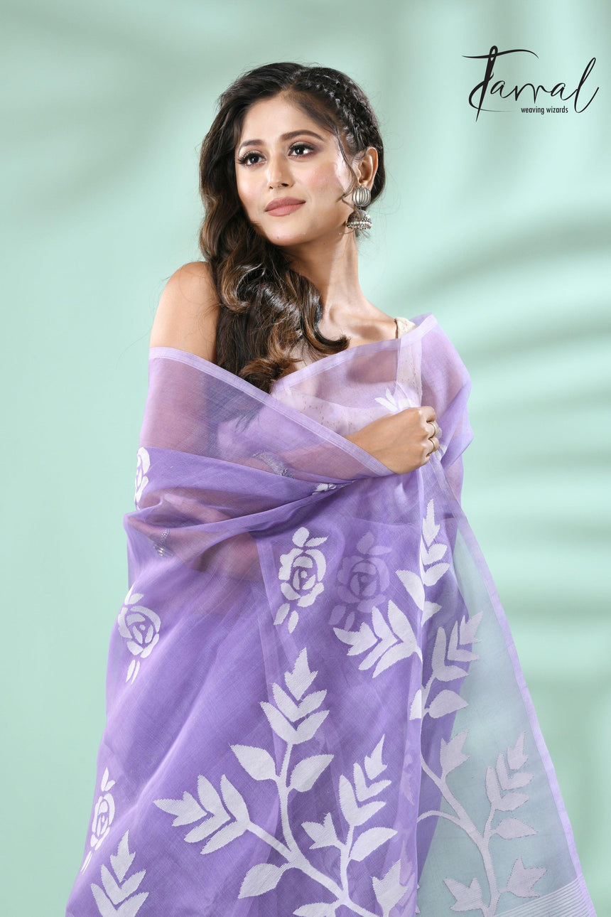 Lavender self rose motifs handwoven muslin silk jamdani saree - Tamal Boutique