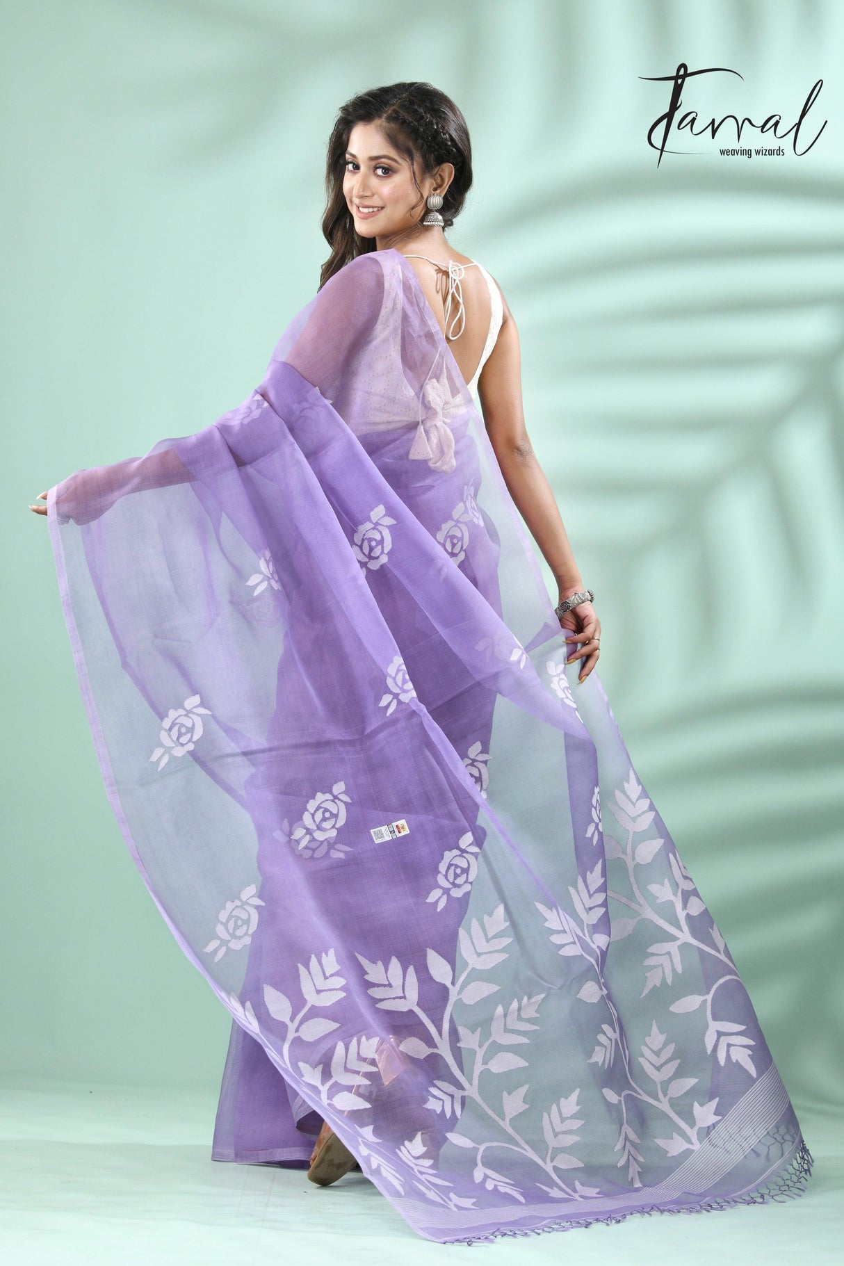 Lavender self rose motifs handwoven muslin silk jamdani saree - Tamal Boutique