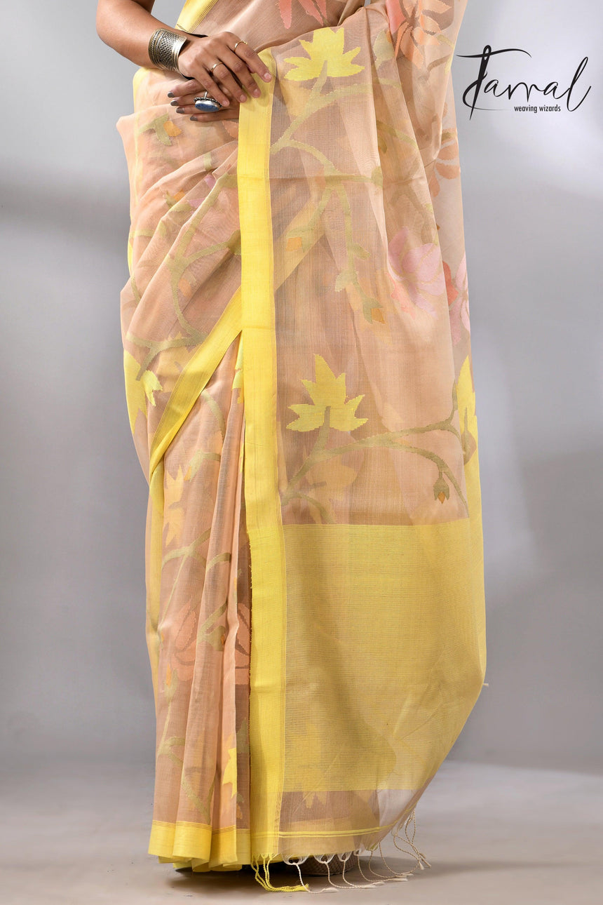 Offwhite with yellow border flower & leaves floral muslin silk handwoven jamdani saree - Tamal Boutique