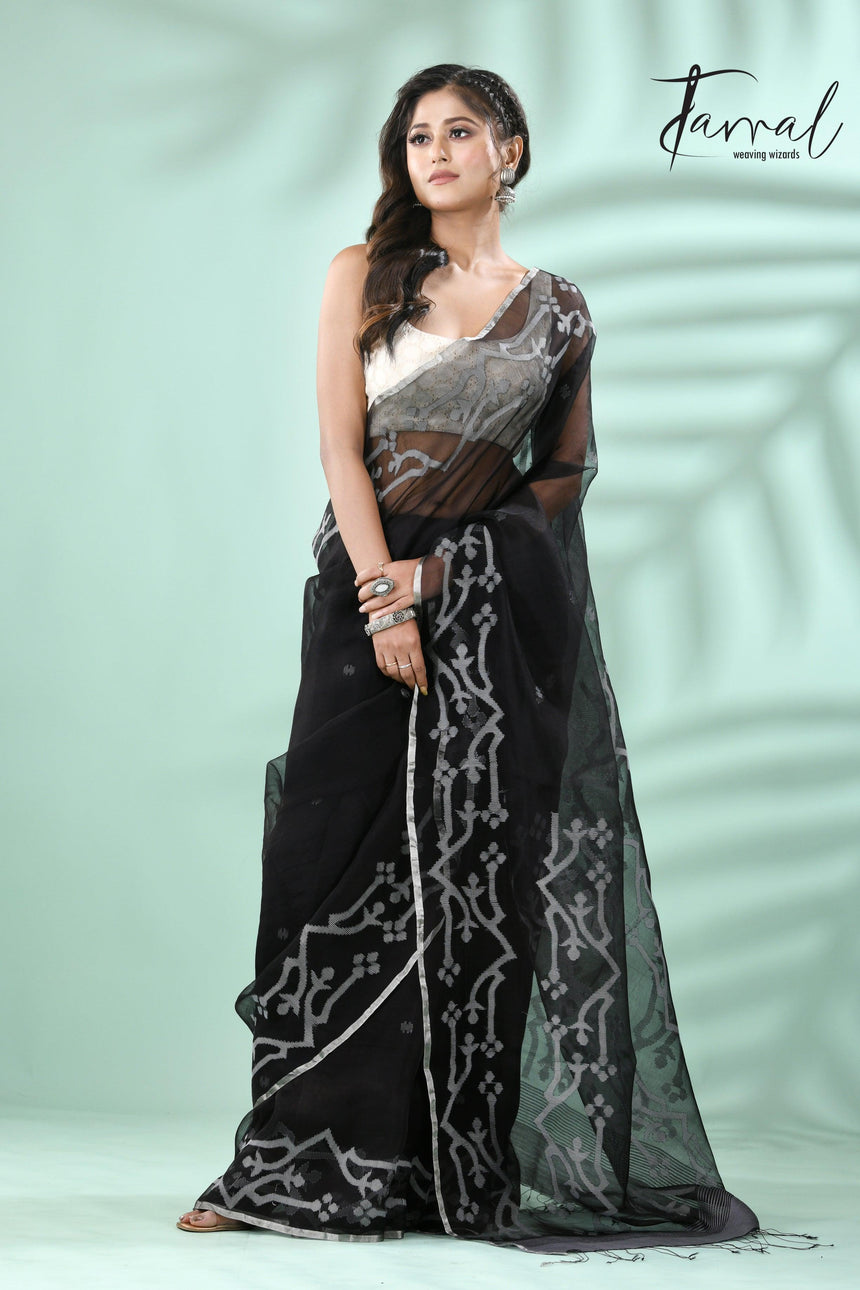 Black with Silver zari border traditional Handwoven Jamdani Saree - Tamal Boutique