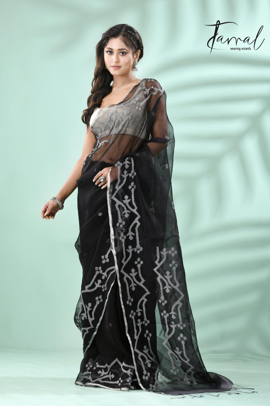 Black with Silver zari border traditional Handwoven Jamdani Saree - Tamal Boutique