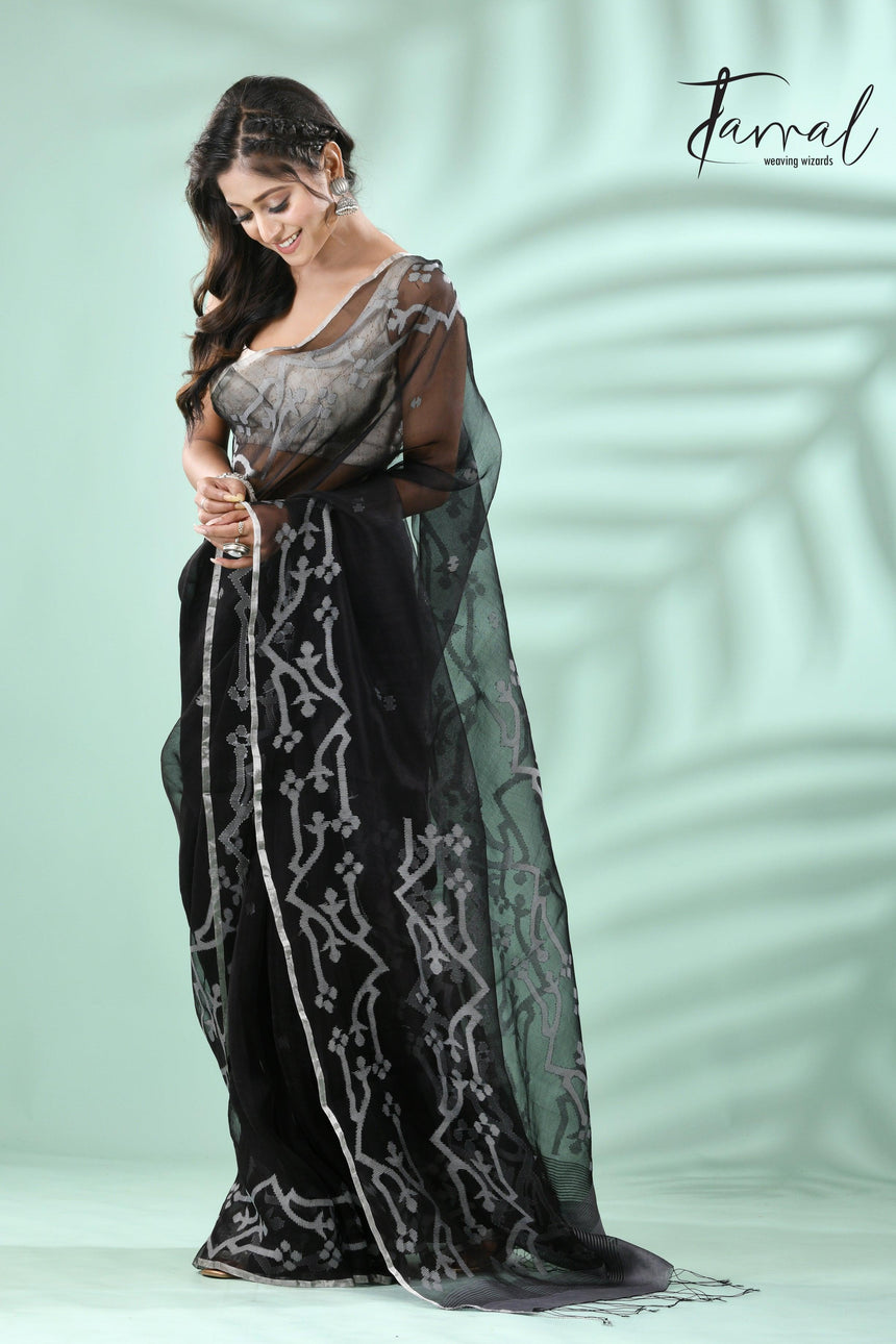 Black with Silver zari border traditional Handwoven Jamdani Saree - Tamal Boutique