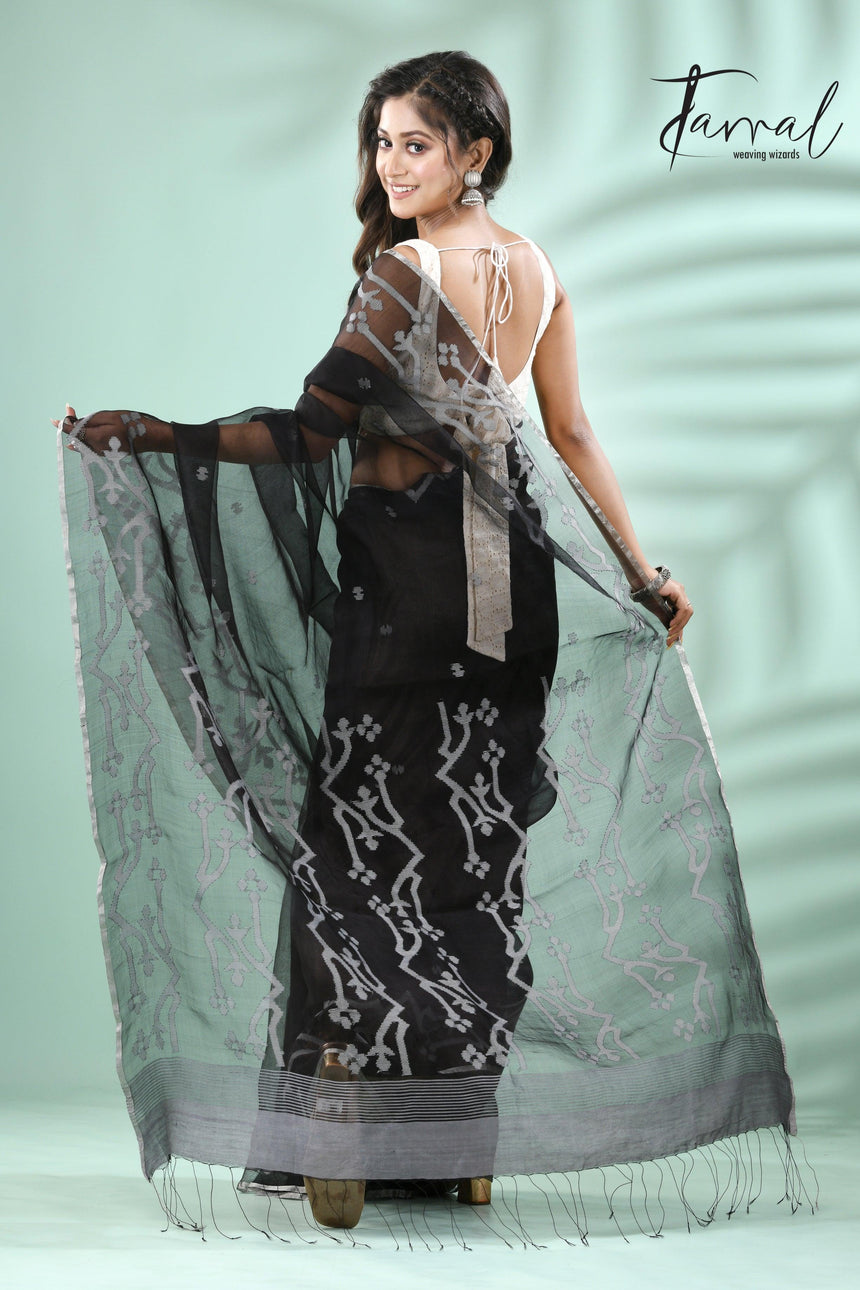 Black with Silver zari border traditional Handwoven Jamdani Saree - Tamal Boutique
