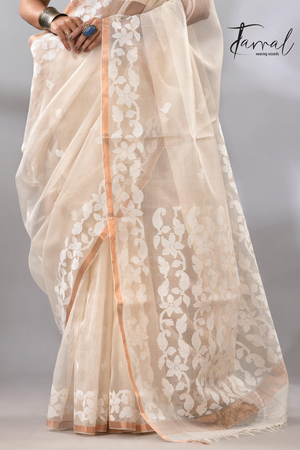 Offwhite with zari border muslin silk handwoven needle work jamdani saree - Tamal Boutique