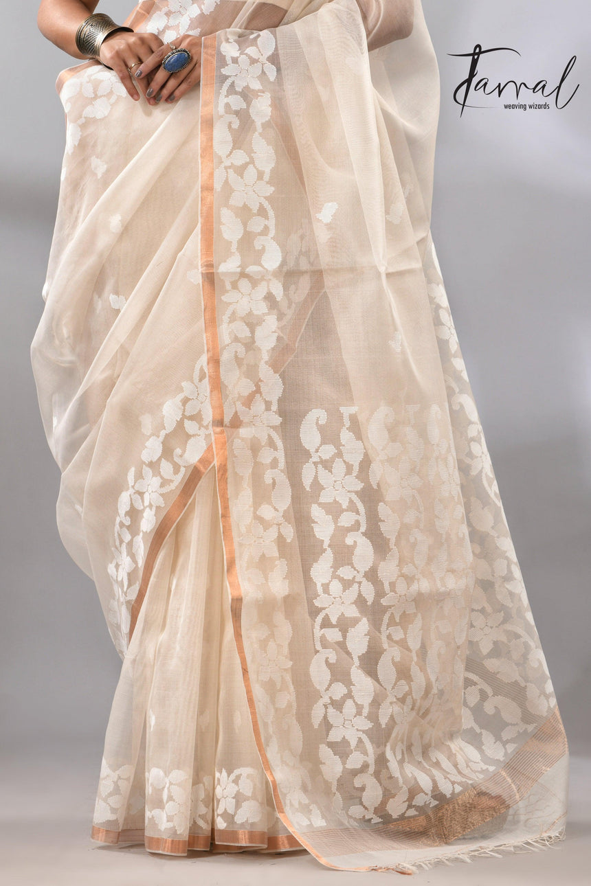Offwhite with zari border muslin silk handwoven needle work jamdani saree - Tamal Boutique