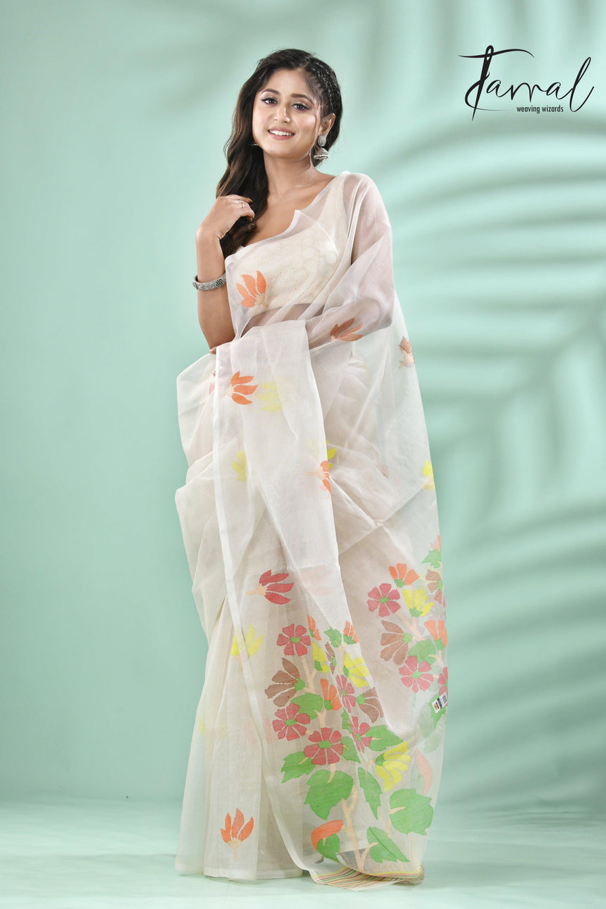 Offwhite with multi colour pallu floral with butas allover handwoven jamadani saree in muslin silk - Tamal Boutique