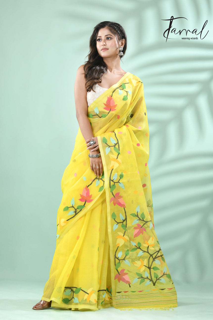 Yellow with multi floral lata design handwoven muslin silk jamdani saree - Tamal Boutique