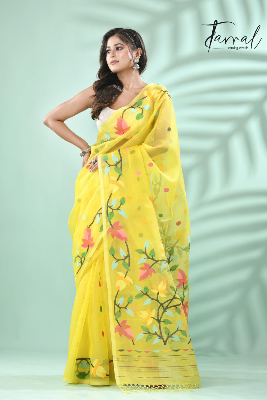 Yellow with multi floral lata design handwoven muslin silk jamdani saree - Tamal Boutique