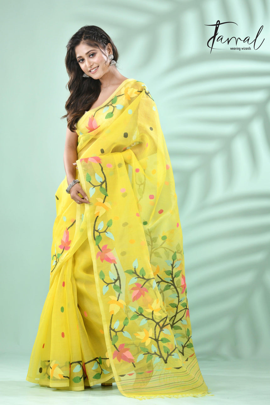 Yellow with multi floral lata design handwoven muslin silk jamdani saree - Tamal Boutique