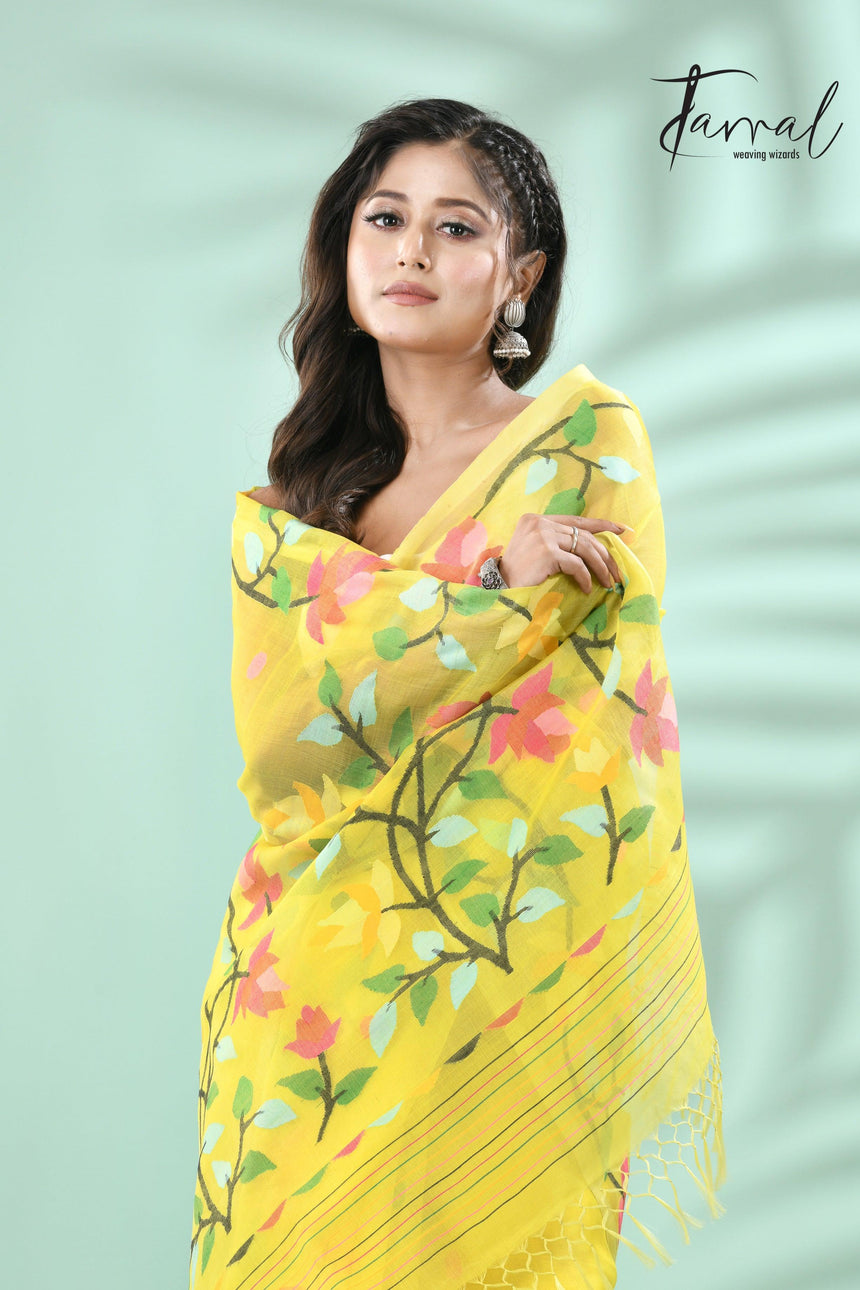 Yellow with multi floral lata design handwoven muslin silk jamdani saree - Tamal Boutique