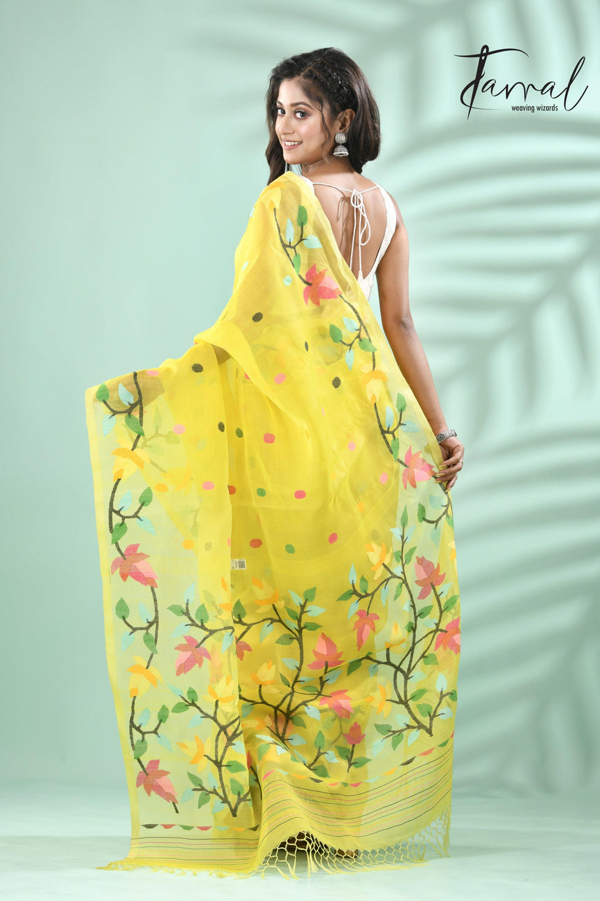 Yellow with multi floral lata design handwoven muslin silk jamdani saree - Tamal Boutique