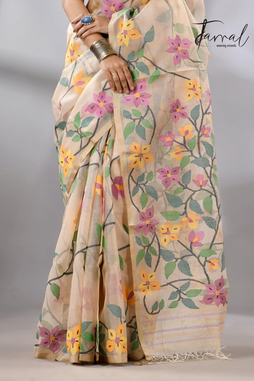 Offwhite with tussar border and multicolour allover bougainvillea flower muslin silk handwoven jamdani saree - Tamal Boutique