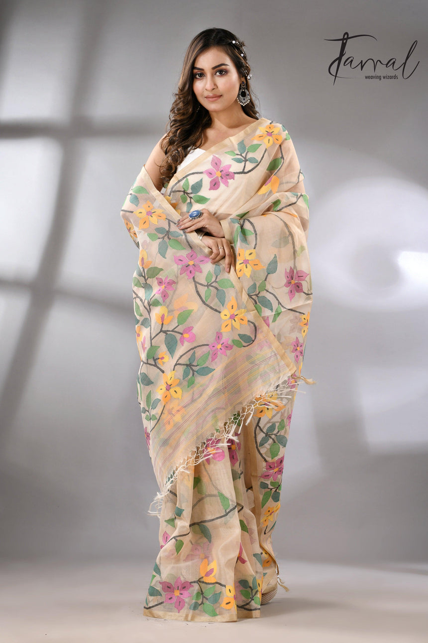 Offwhite with tussar border and multicolour allover bougainvillea flower muslin silk handwoven jamdani saree - Tamal Boutique
