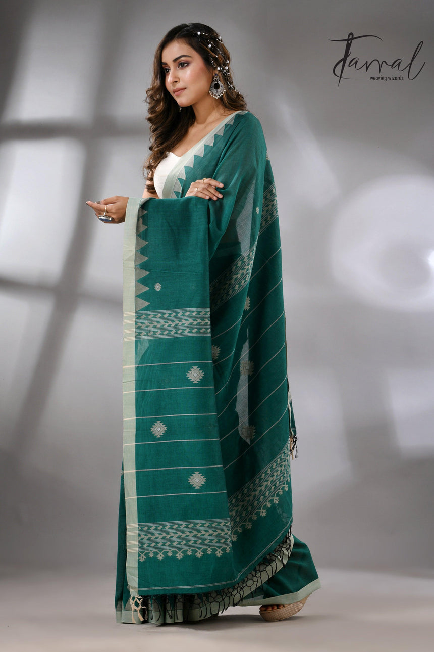 Emerald green with temple border cotton handwoven jamdani saree - Tamal Boutique