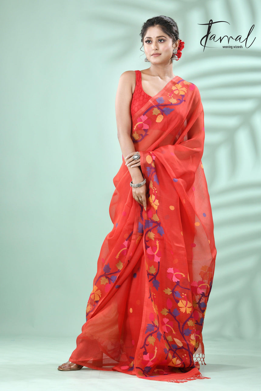 Red with multicolour hibiscus motifs handwoven jamdani in muslin silk saree - Tamal Boutique
