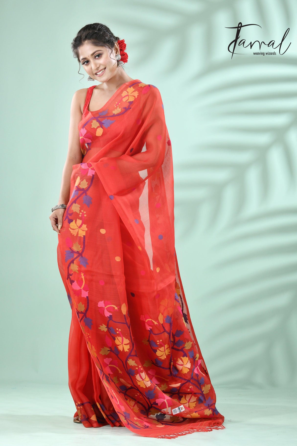 Red with multicolour hibiscus motifs handwoven jamdani in muslin silk saree - Tamal Boutique
