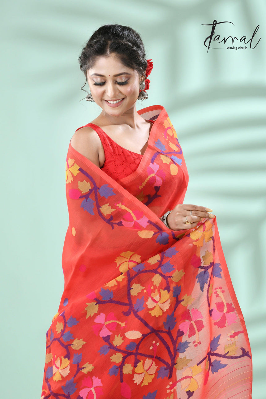Red with multicolour hibiscus motifs handwoven jamdani in muslin silk saree - Tamal Boutique