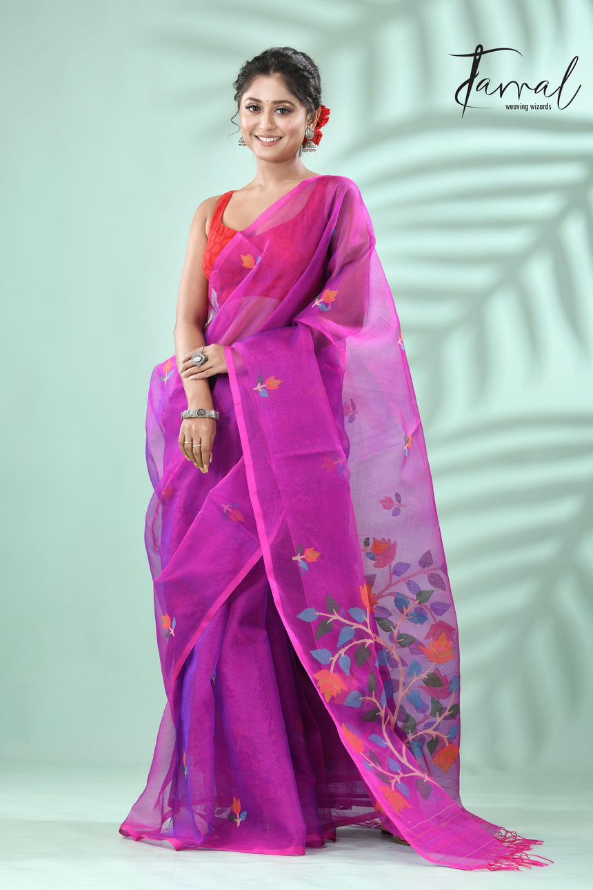 Magenta floral handwoven muslin silk jamdani saree - Tamal Boutique