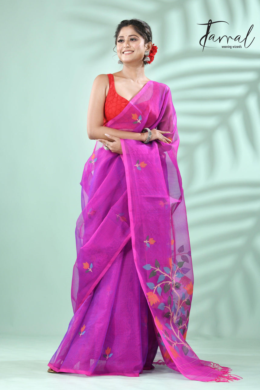 Magenta floral handwoven muslin silk jamdani saree - Tamal Boutique