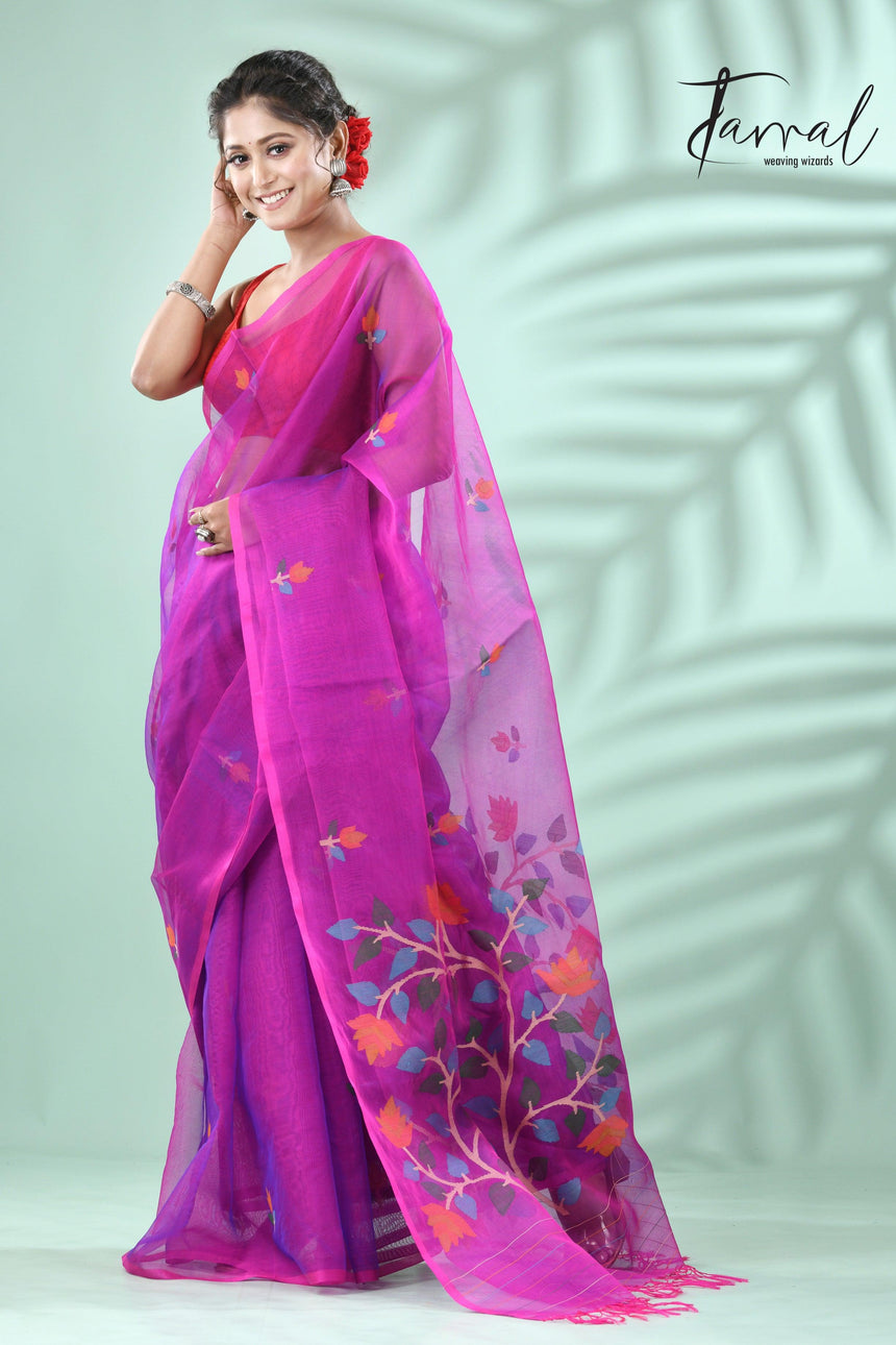 Magenta floral handwoven muslin silk jamdani saree - Tamal Boutique