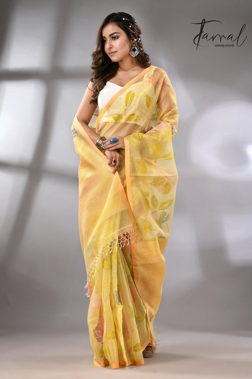 Light yellow with multi colour allover floral handwoven jamdani saree - Tamal Boutique