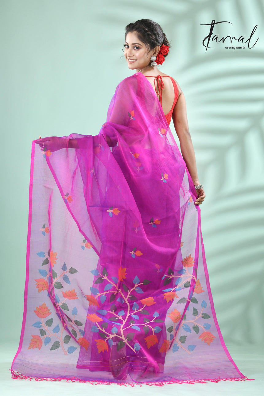 Magenta floral handwoven muslin silk jamdani saree - Tamal Boutique