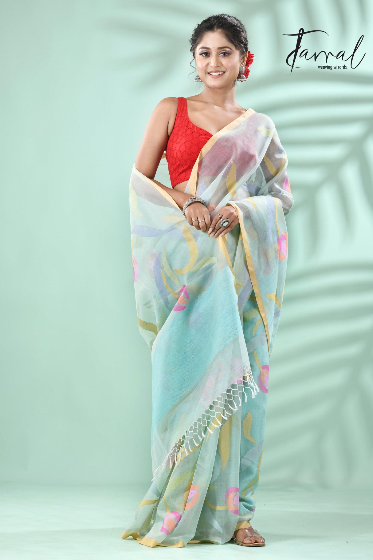 Dust sky tulip buds allover muslin silk handwoven jamdani saree - Tamal Boutique